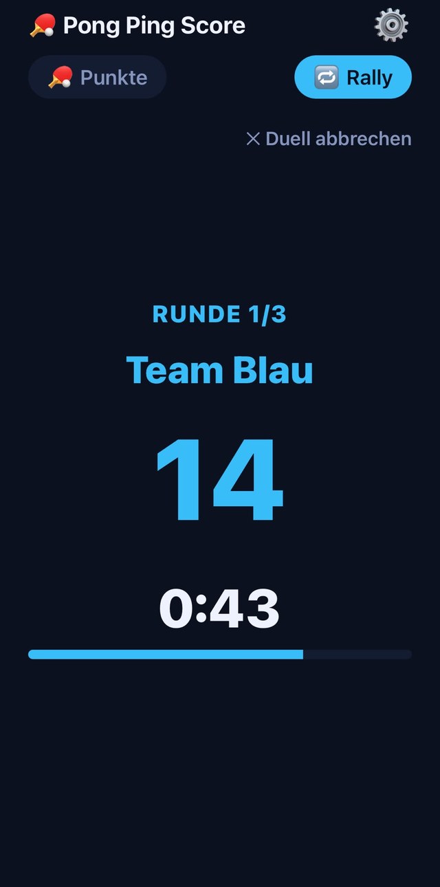 Pong Ping Score: Team-Duell, Runde 1 von 3, Team Blau bei 14