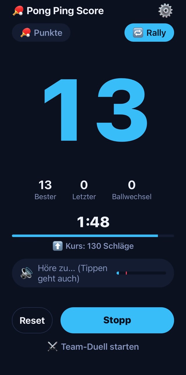 Pong Ping Score: Rally-Zähler bei 13 Ballwechseln, Ton-Erkennung aktiv